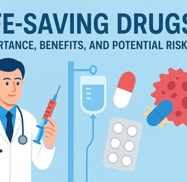 Doctor showing various life-saving drugs including tablets, injections, and IV medications.