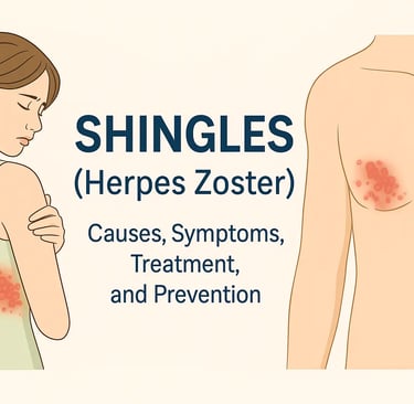 Illustration showing shingles (herpes zoster) symptoms with rash on the torso and chest.