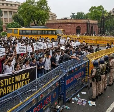 Thousands of Cockroach Janta Party (CJP) student protesters holding justice signs