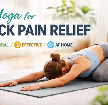 Woman practicing yoga child’s pose for natural back pain relief at home