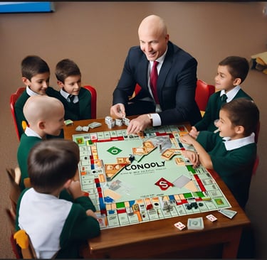 a man in a suit and tie playing a game of monopoly