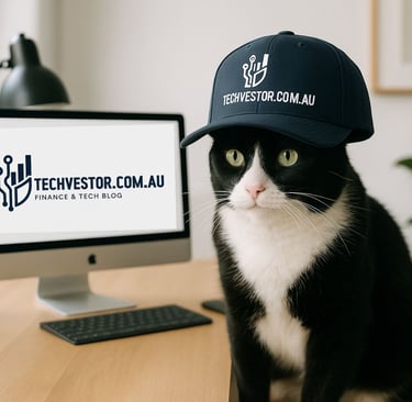 a tuxedo cat wearing a hat sitting on a desk in a modern home office