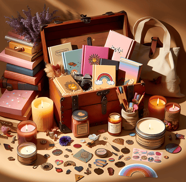 treasure chest overflowing with joyful journals, scented candles, a stylish tote bag, colorful stick