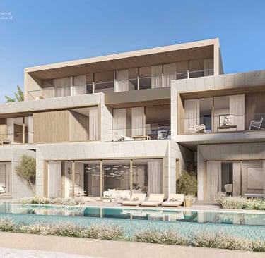 Palm Jebel Ali beach villa for sale, viewed from the water at dusk