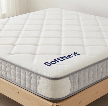 A person is lying on a large mattress in a cozy bedroom setting, resting their chin on their hands with a relaxed expression. The room features a wooden bed frame, soft white and gray bedding, a bedside table, and tall, elegant curtains that let in natural light.