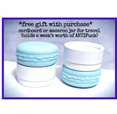 photo of gift jars: "cardboard or macaron jar for travel (holds a week’s worth of ANTIFunk)"