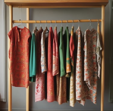 Rows of colorful, finished ethnic garments hanging on a rustic wooden rack.