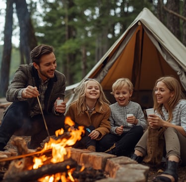 a family of four people sitting around a mosquito free campfire