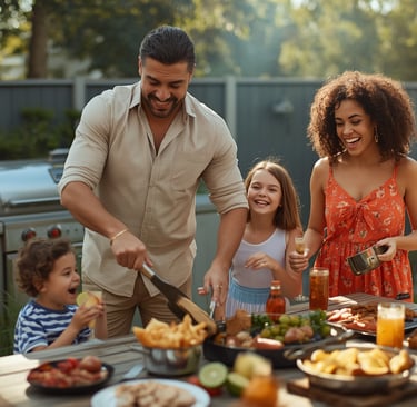 a man and two children are gathered around a mosquito free table