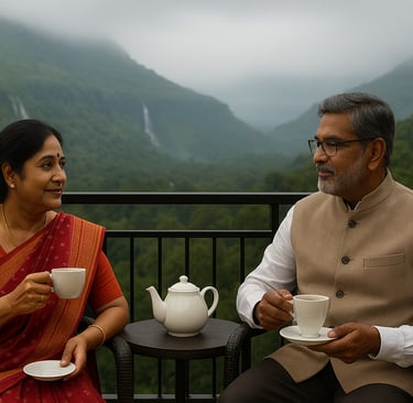 Elderly couple enjoying tea at Igatpuri hill station.