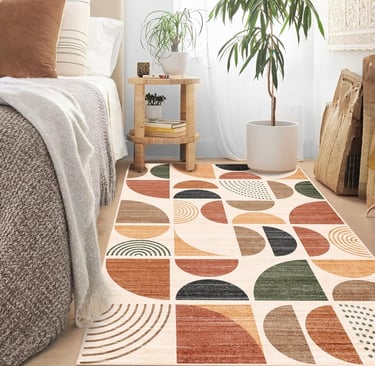 a mid-century color block rug with a bed