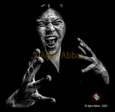 Black-and-white image: Person screaming in fear, hands raised, black background, gritty texture.