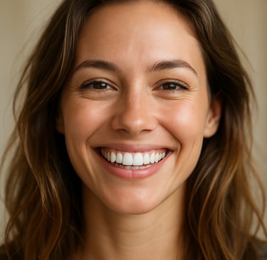 A close-up view of a set of clean, white teeth with healthy gums showing a reflection below.