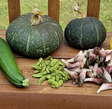 Photo of an assortment of vegetables on a wooden bench
