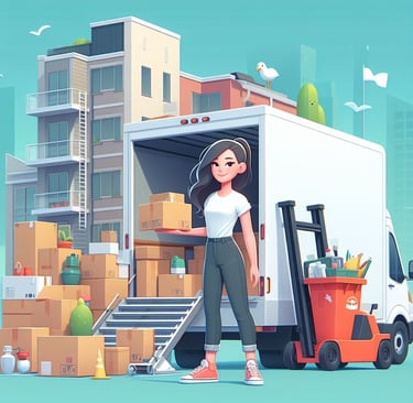 a woman moving a truck with boxes and boxes