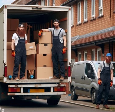 3 man and a van removal crew packing a large van with boxes 