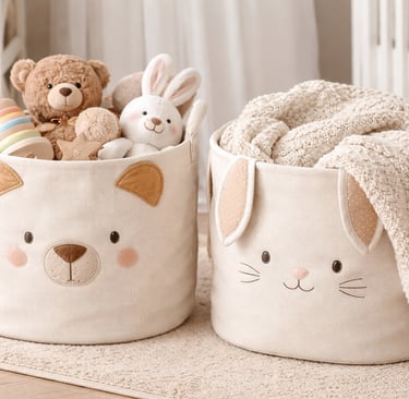 two large white baskets with stuffed animals and an overflowing blanket in them