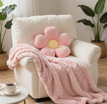 A cozy, feminine corner of a room with blush pink cushions, fairy lights, and elegant home decor pieces like vases and candles.