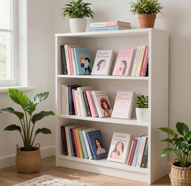 A cozy, feminine corner of a room with blush pink cushions, fairy lights, and elegant home decor pieces like vases and candles.