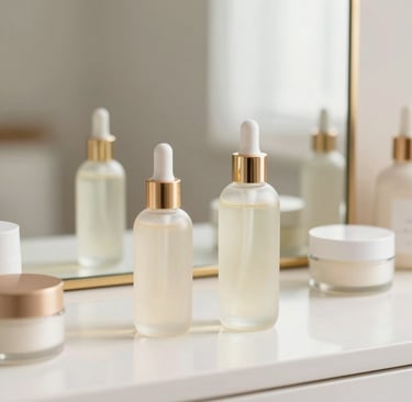 A soft, pastel-toned flat lay of skincare products including serums, creams, and facial rollers arranged on a delicate lace cloth.
