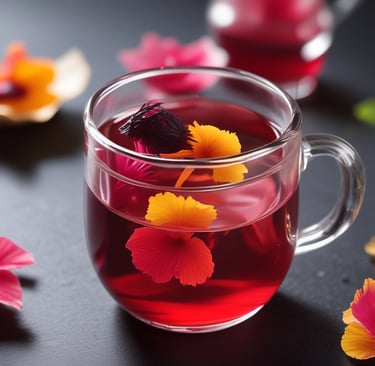 a cup of tea with flowers in a cup of tea
