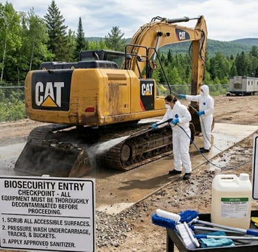 Workers in hazmat suits pressure wash a yellow CAT excavator at a biosecurity decontamination staging area.