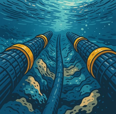 a pair of pipes with a view of a body of water