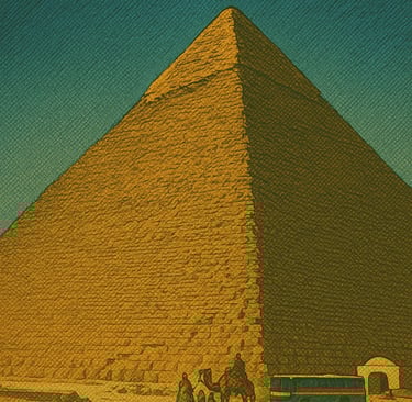 a car parked in front of a pyramid