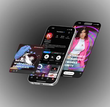 Telefone com telas de redes sociais abertas exibindo identidade visual e design profissional.