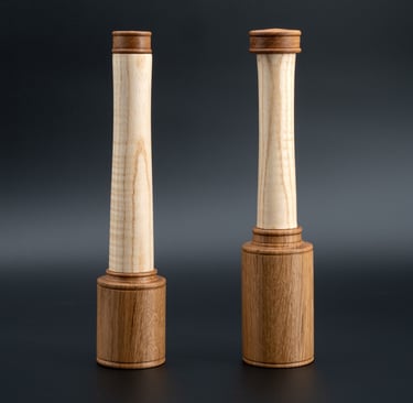 Wood turned pepper and salt grinders