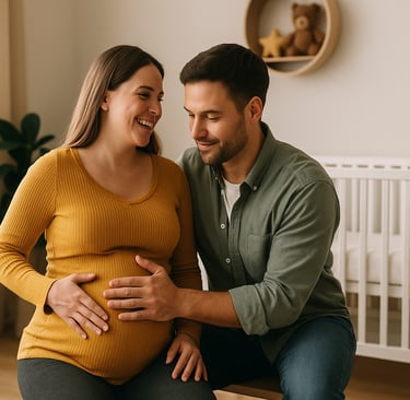 couple dans une chambre d'enfant l'homme met une main sur le ventre de la femme enceite
