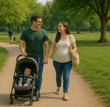 un couple qui marche dans un parc en promenant leur enfant dans une poussette