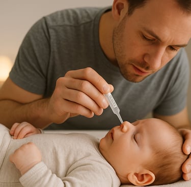 homme qui administre du sérum physiologique à son bébé