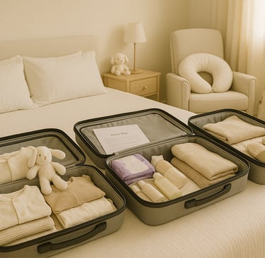 trois valises ouvertes sur un lit remplies de vètement et accessoires pour la maternité