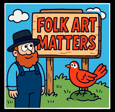 Cartoon style Quaker farmer beside a sign that says Folk Art Matters. Chicken near the sign.