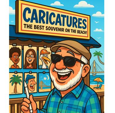 Old guy, cartoon caricature artist outside a caricature art booth at the beach.