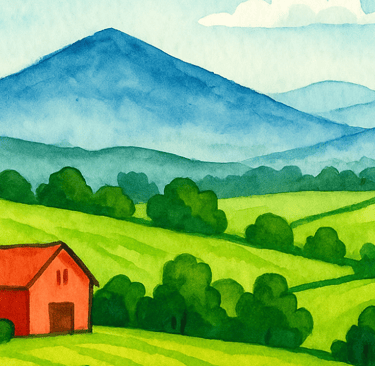 A cartoon painting of a farm in the valley.