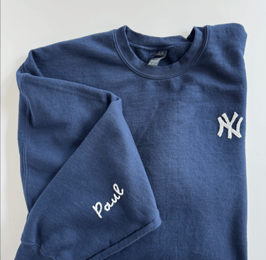 navy blue sweatshirt with the New York Yankees logo embroidered on it