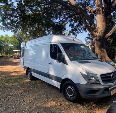 a van parked in a field with a tree in the background