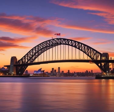 The Sydney Harbour Bridge and Opera House at sunset with a vibrant orange sky over the water.