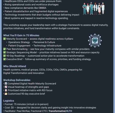 Healthcare workshop on digital health modernization, innovation, and improving patient care outcomes.