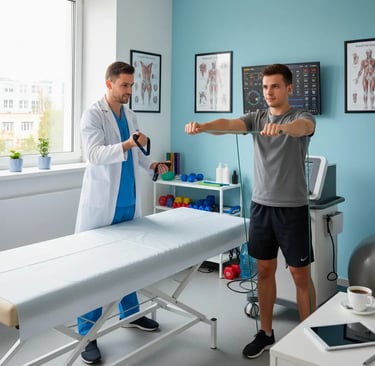 un Fisioterapista durante una seduta con un suo paziente