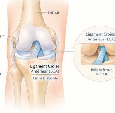 Illustration montrant le ligament croisé antérieur (LCA) et son rôle dans la stabilité du genou