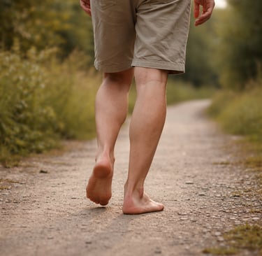 Homme marchant naturellement sur un chemin après sa rééducation du LCA