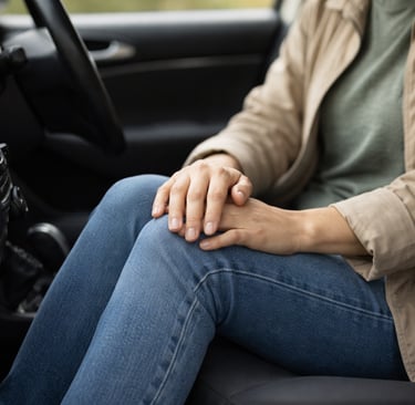 Personne seule au volant, mains sur le genou, reprise de la conduite après un LCA