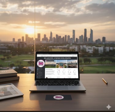 Oficina de lujo con vista al campo de golf en Bosque Real al atardecer. Escritorio con laptop