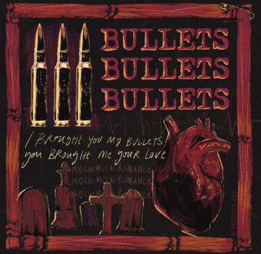 An illustration of bullets, a human heart and gravestones, text says, 'i brought you my bullets you brought me your love'.
