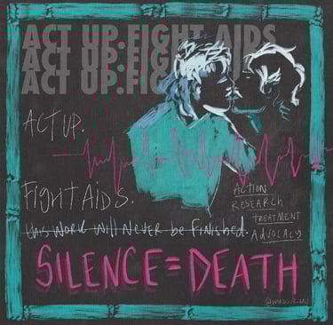 An illustration of two men kissing, text says 'act up fight aids, silence equals death'.