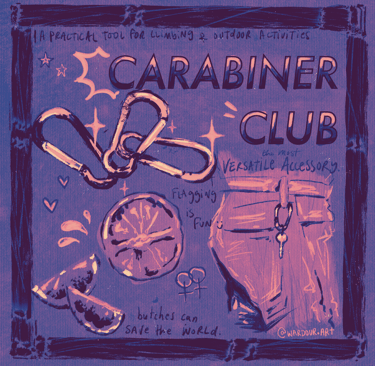 An illustration of three carabiners, one attached to a belt, grapefruit slices. Text says 'carabiner club'.