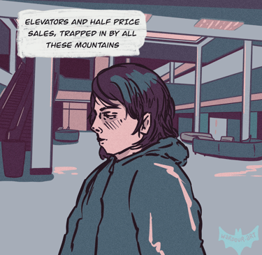 A comic panel with an androgynous person walking through an empty shopping mall, text says 'elevators and half price sales'.